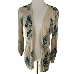 Guinevere Anthropologie Dwarf Quince Cardigan XS Beige Floral Ruched 3/4 Sleeve